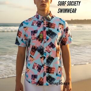 Surf Society Swimwear NWT Men’s XL Button Up Shirt Bright Fun Print UV Moisture